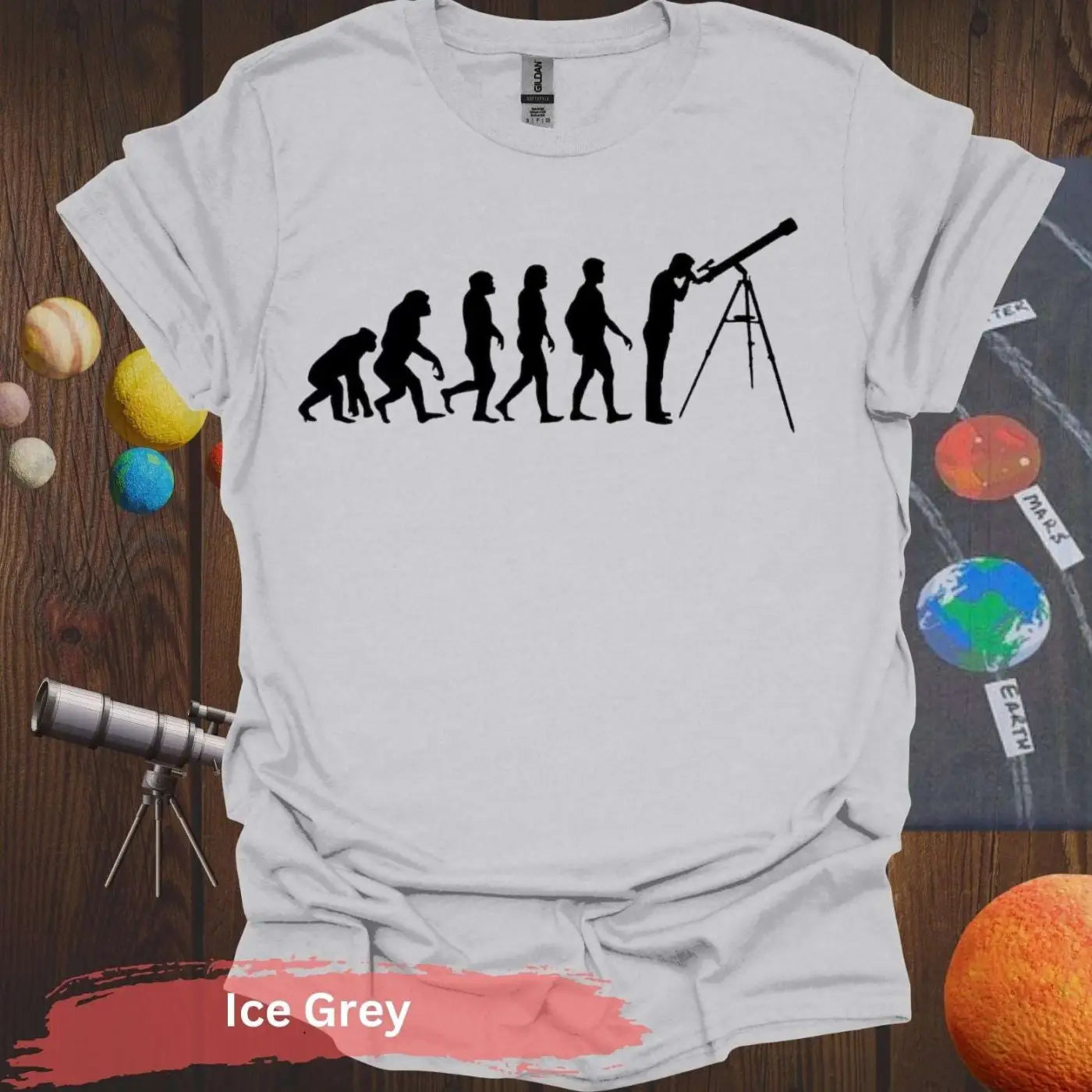 Evolution of Curiosity T-Shirt – From Ape to Stargazer - S / Ice Grey - Physical Item