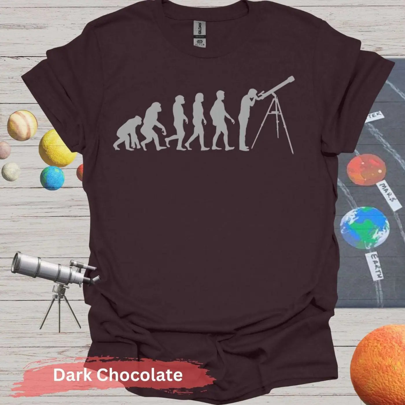 Evolution of Stargazing T-Shirt – From Ape to Astronomer - S / Dark Chocolate - Physical Item