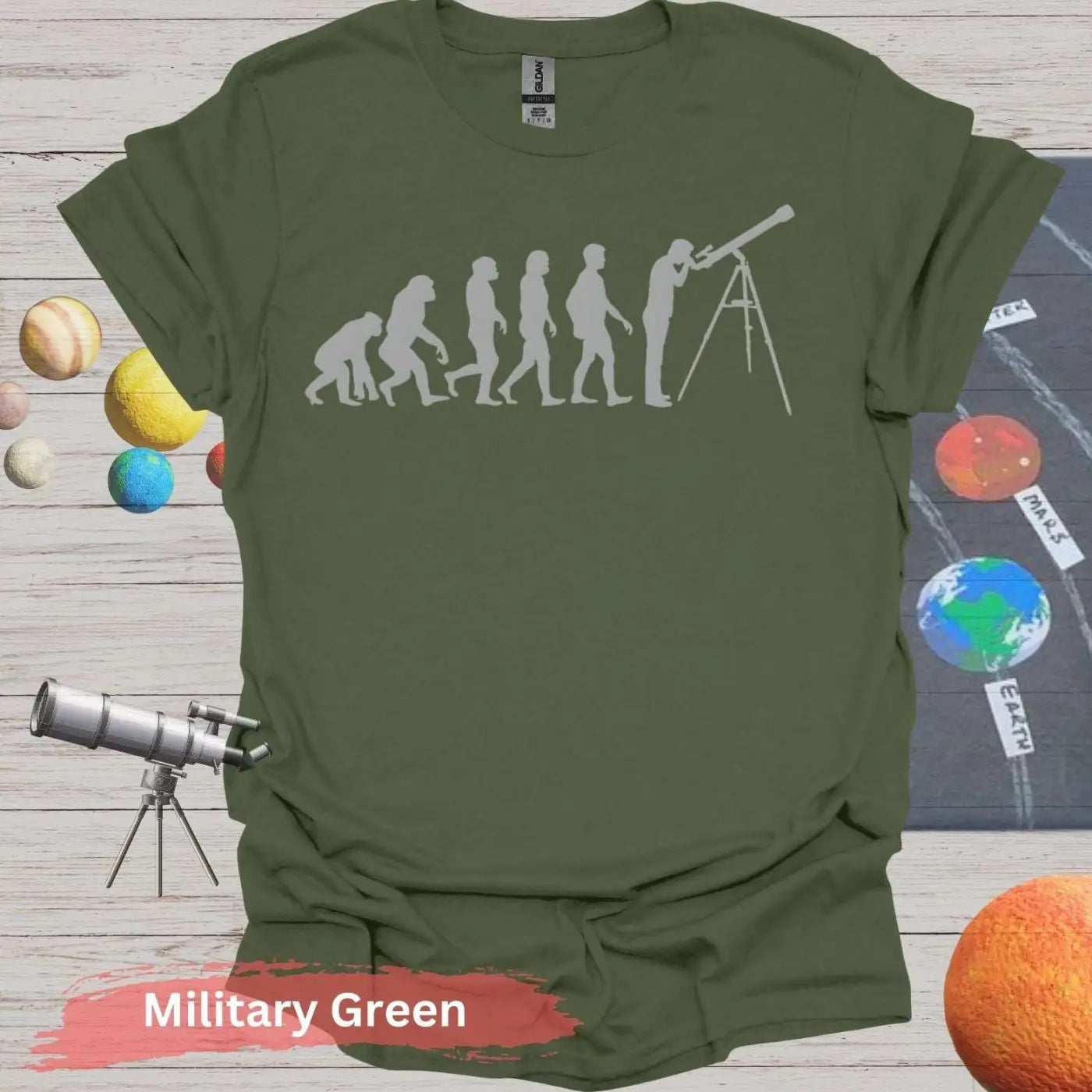 Evolution of Stargazing T-Shirt – From Ape to Astronomer - S / Military Green - Physical Item