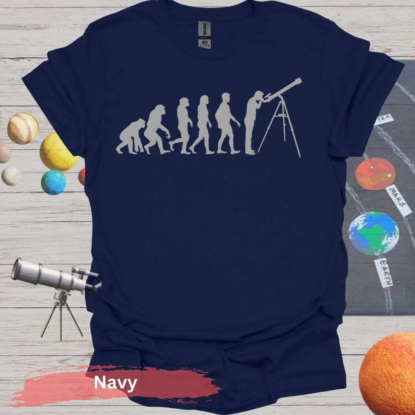 Evolution of Stargazing T-Shirt – From Ape to Astronomer - S / Navy - Physical Item