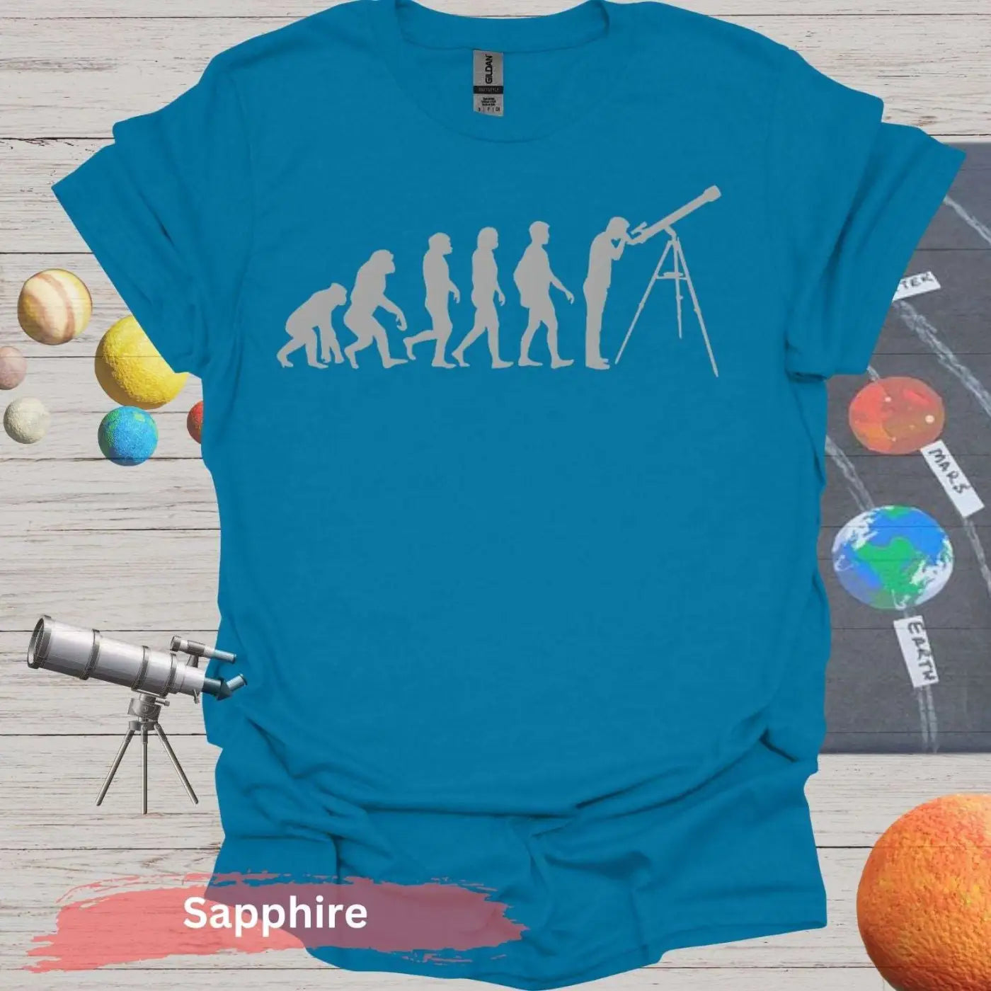 Evolution of Stargazing T-Shirt – From Ape to Astronomer - S / Sapphire - Physical Item