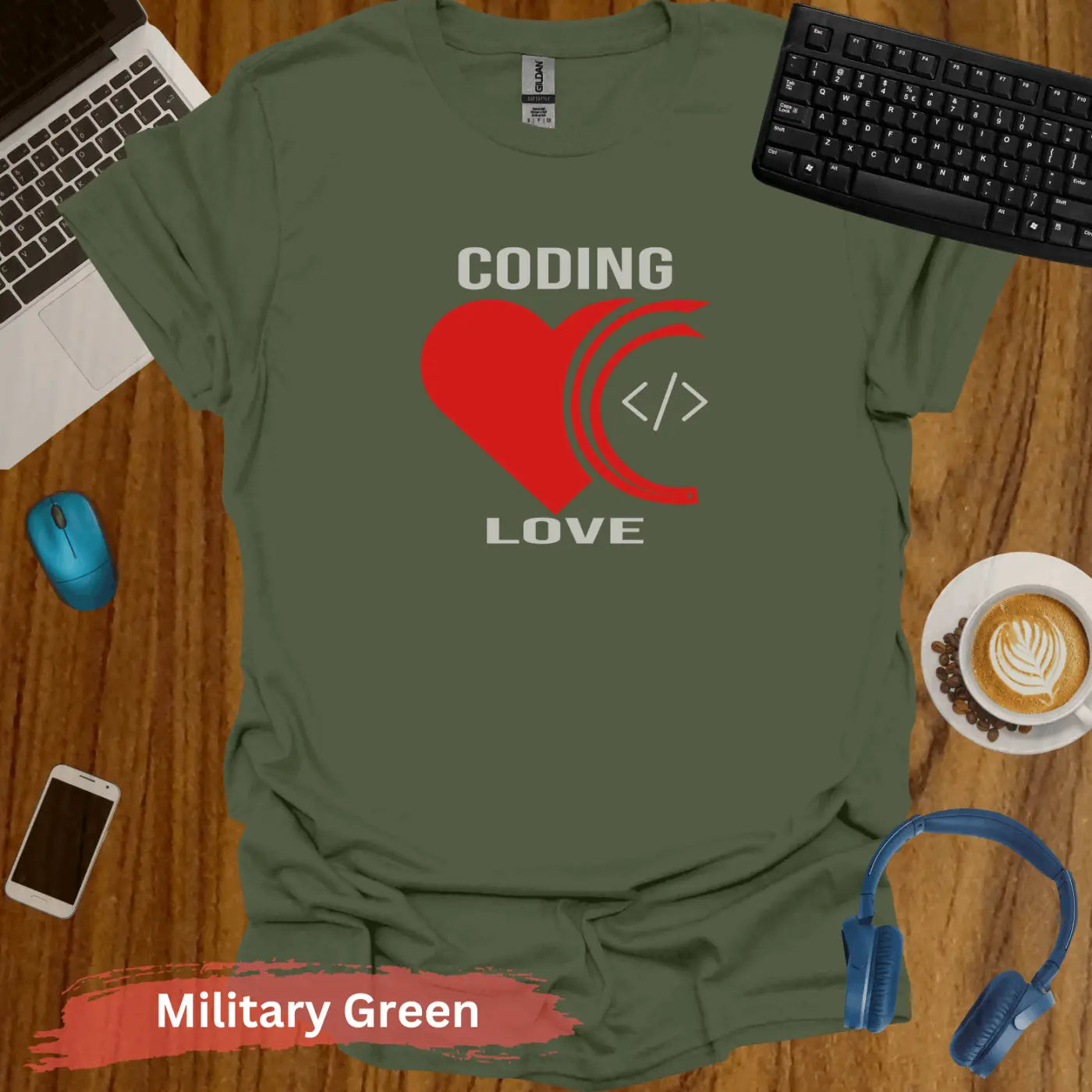 Express Your Passion with Coding Love T-Shirt - S / Military Green - Physical Item