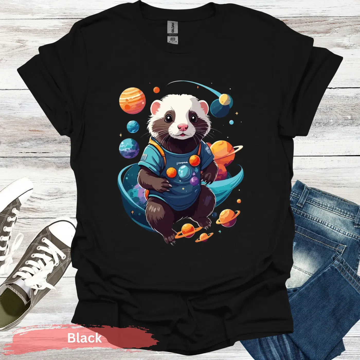 Ferret in Space T-Shirt - S / Black - Physical Item