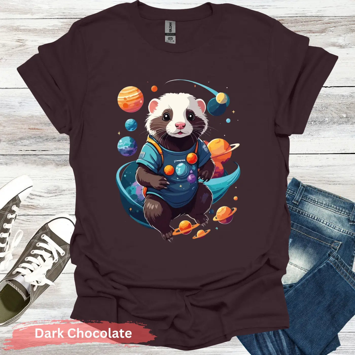Ferret in Space T-Shirt - S / Dark Chocolate - Physical Item