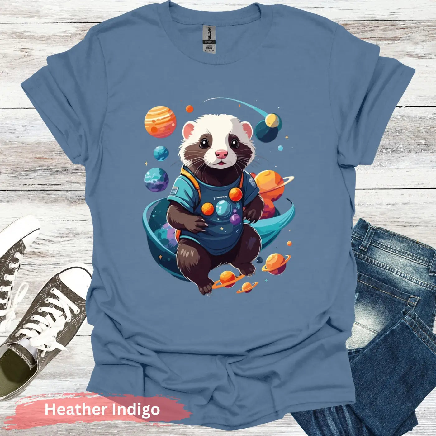 Ferret in Space T-Shirt - S / Heather Indigo - Physical Item
