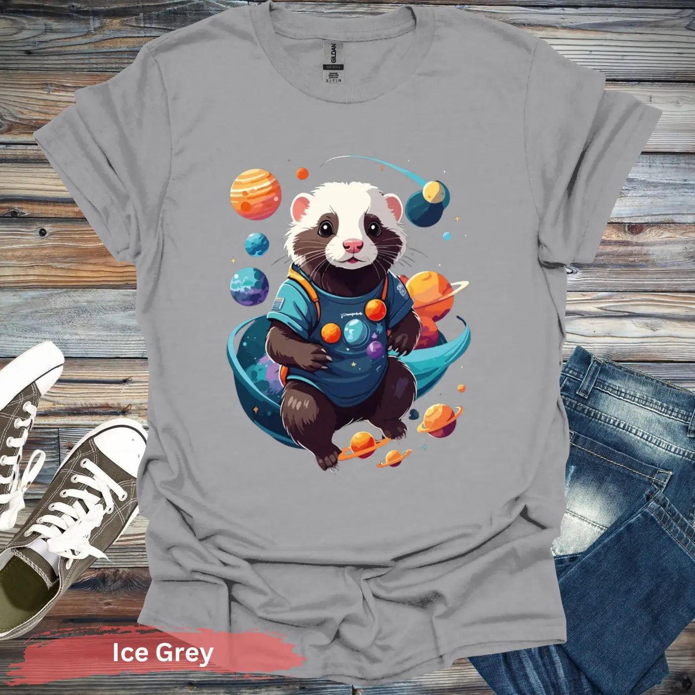 Ferret in Space T-Shirt - S / Ice Grey - Physical Item