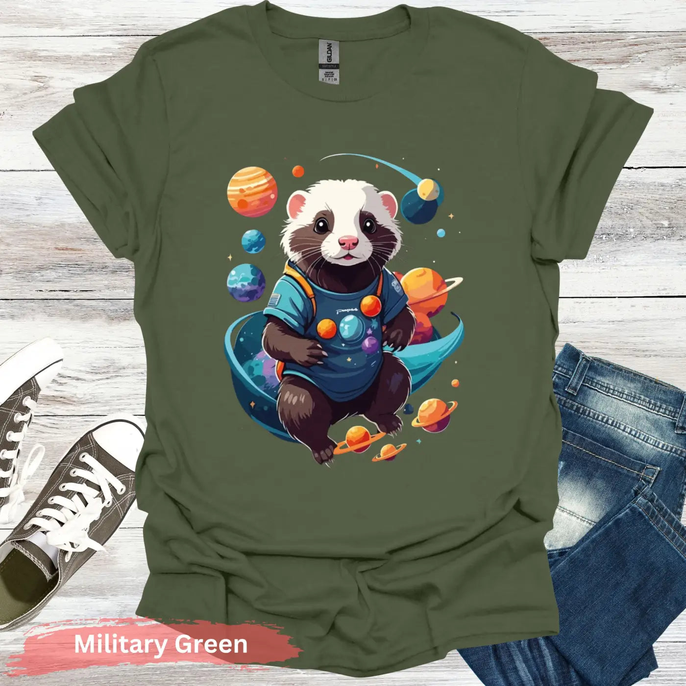 Ferret in Space T-Shirt - S / Military Green - Physical Item
