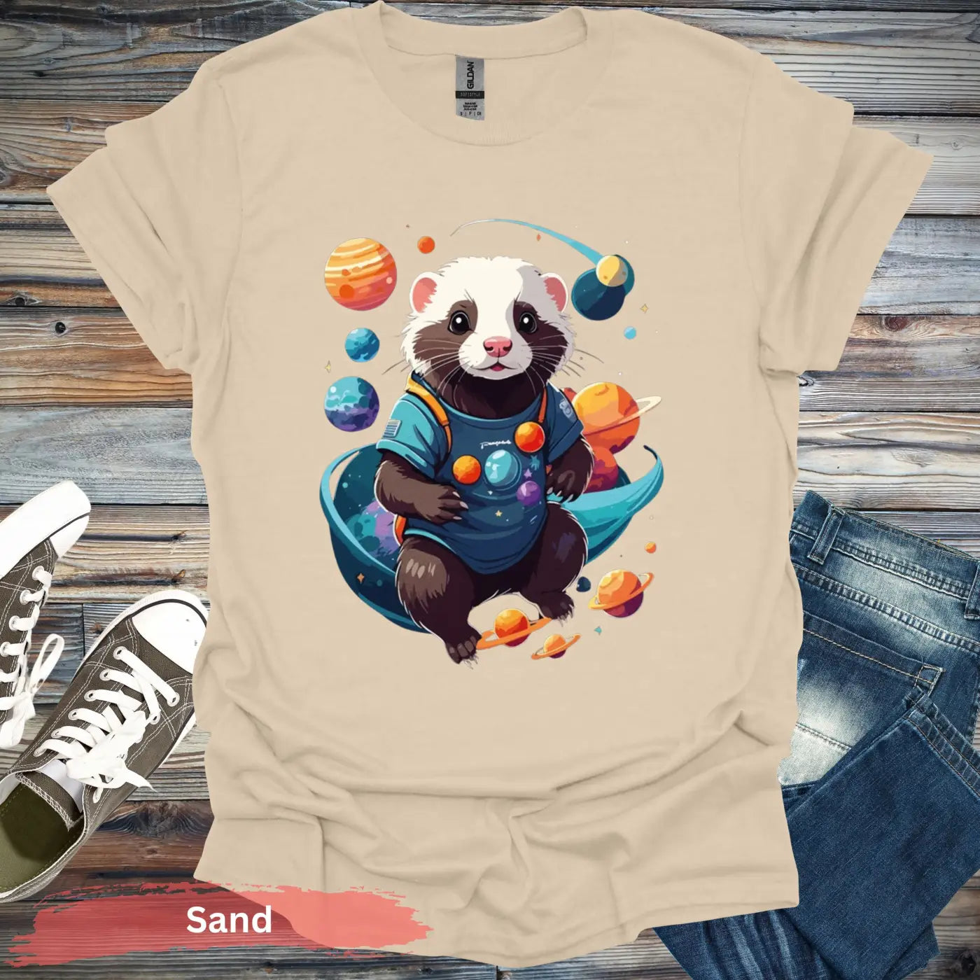 Ferret in Space T-Shirt - S / Sand - Physical Item