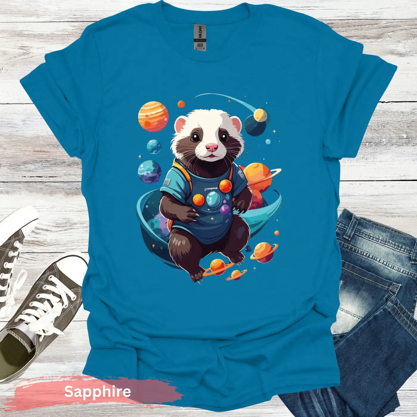 Ferret in Space T-Shirt - S / Sapphire - Physical Item