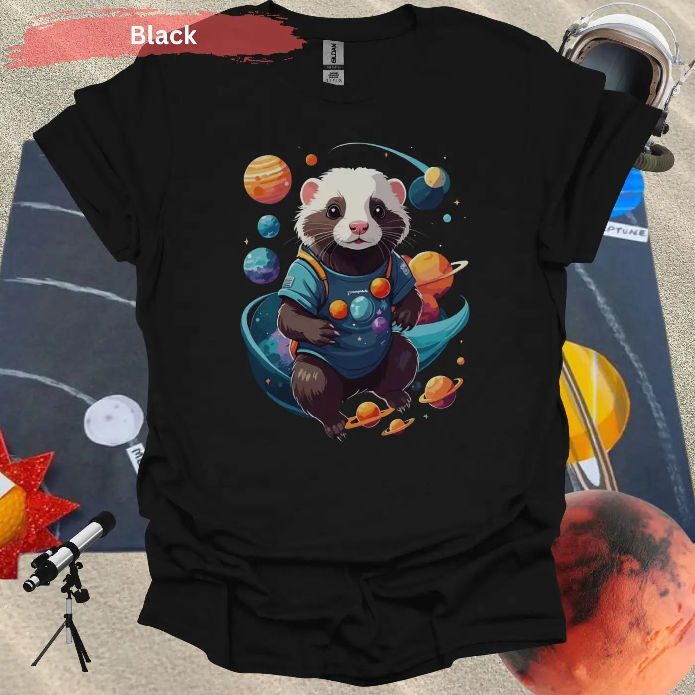 Ferret in Space Theme Graphic T-Shirt - S / Black - Physical Item