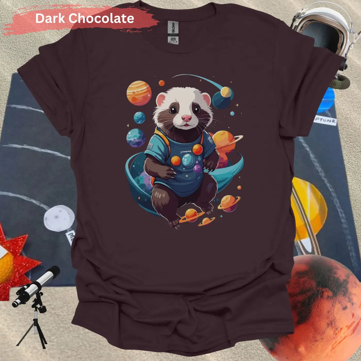 Ferret in Space Theme Graphic T-Shirt - S / Dark Chocolate - Physical Item