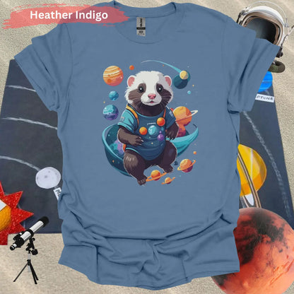 Ferret in Space Theme Graphic T-Shirt - S / Heather Indigo - Physical Item