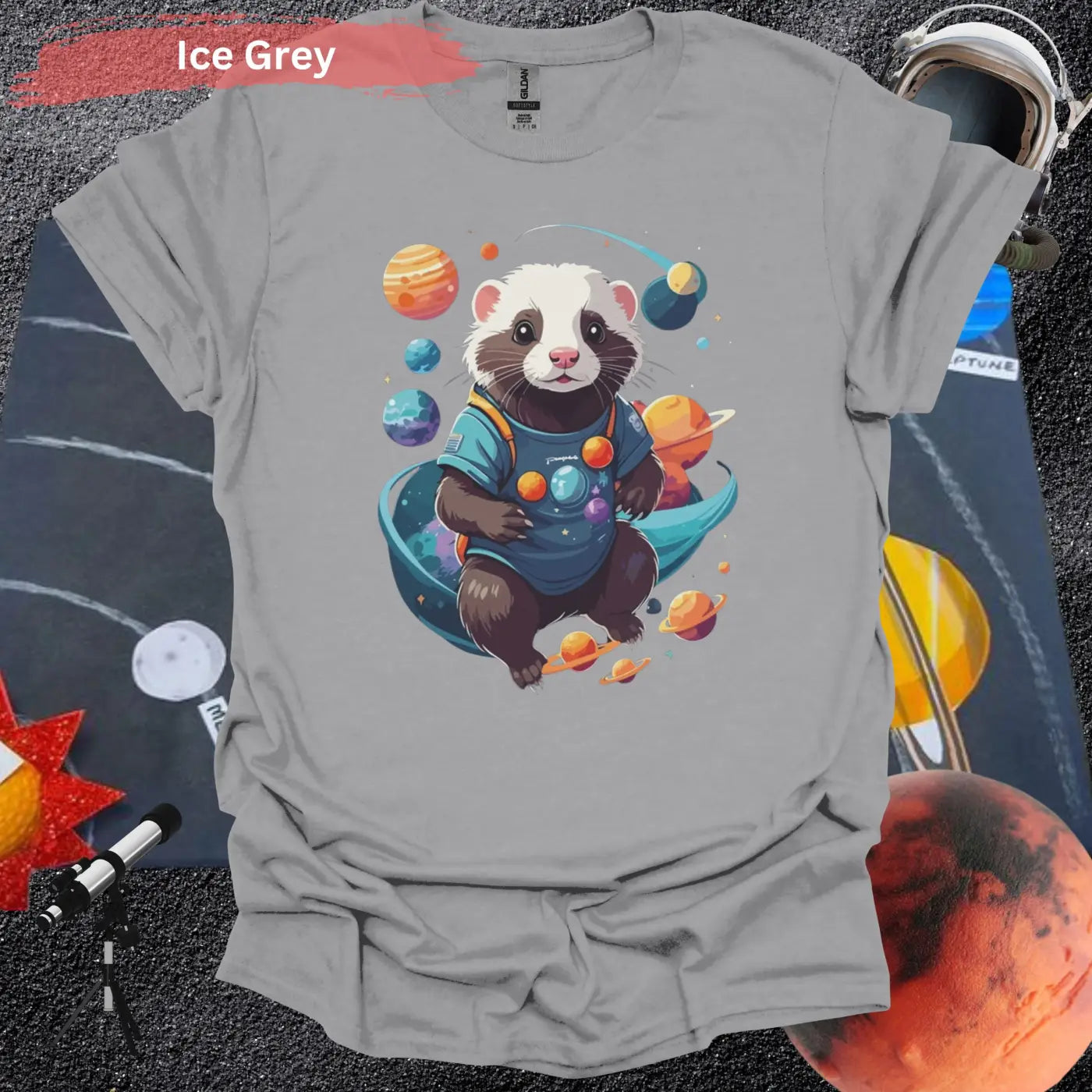 Ferret in Space Theme Graphic T-Shirt - S / Ice Grey - Physical Item