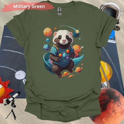 Ferret in Space Theme Graphic T-Shirt - S / Military Green - Physical Item