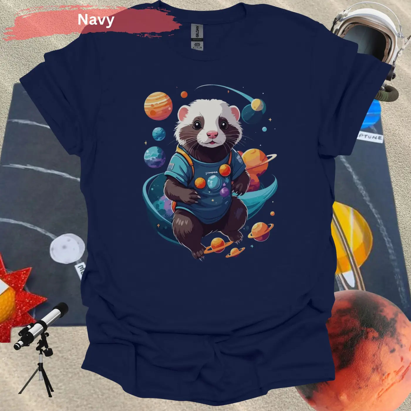 Ferret in Space Theme Graphic T-Shirt - S / Navy - Physical Item