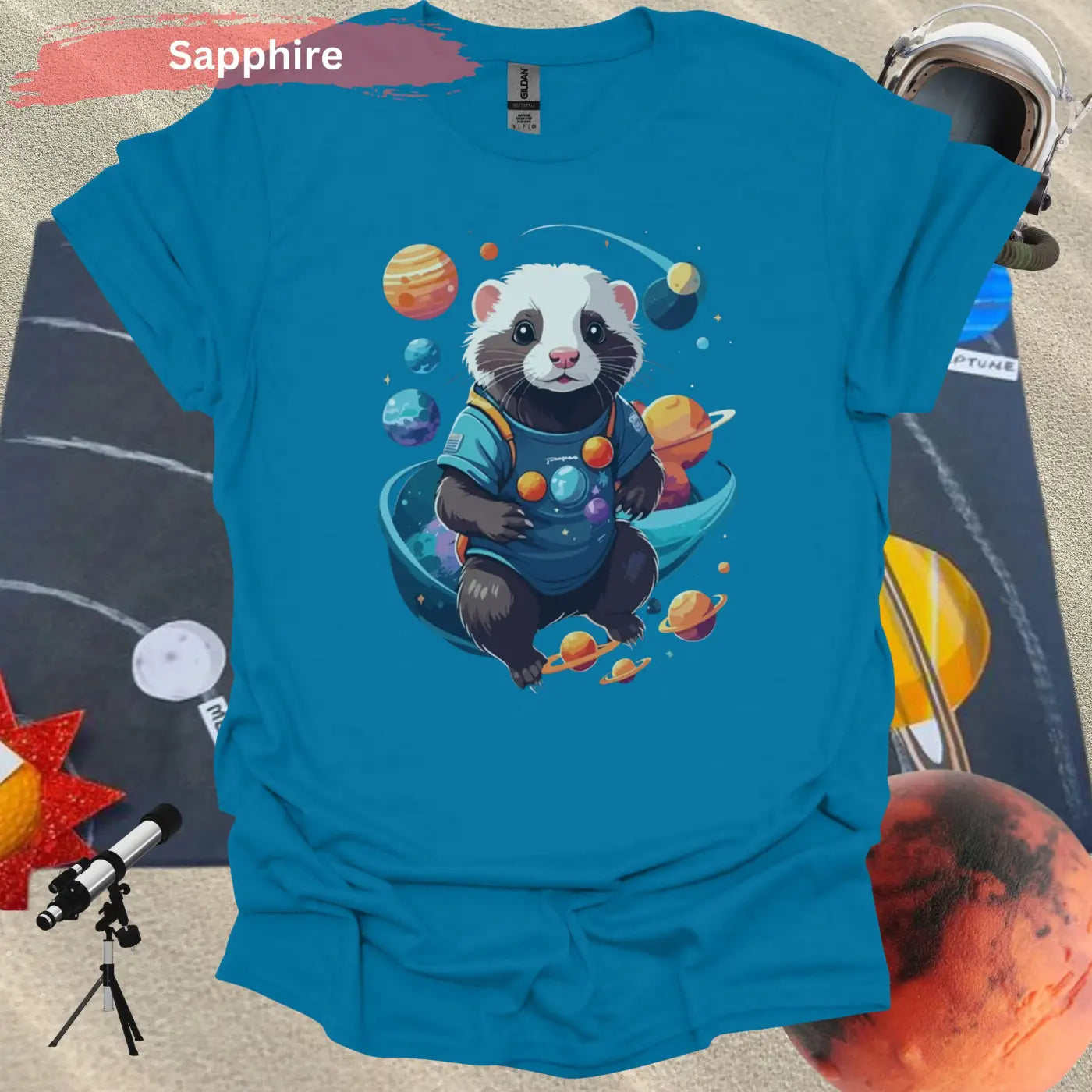 Ferret in Space Theme Graphic T-Shirt - S / Sapphire - Physical Item