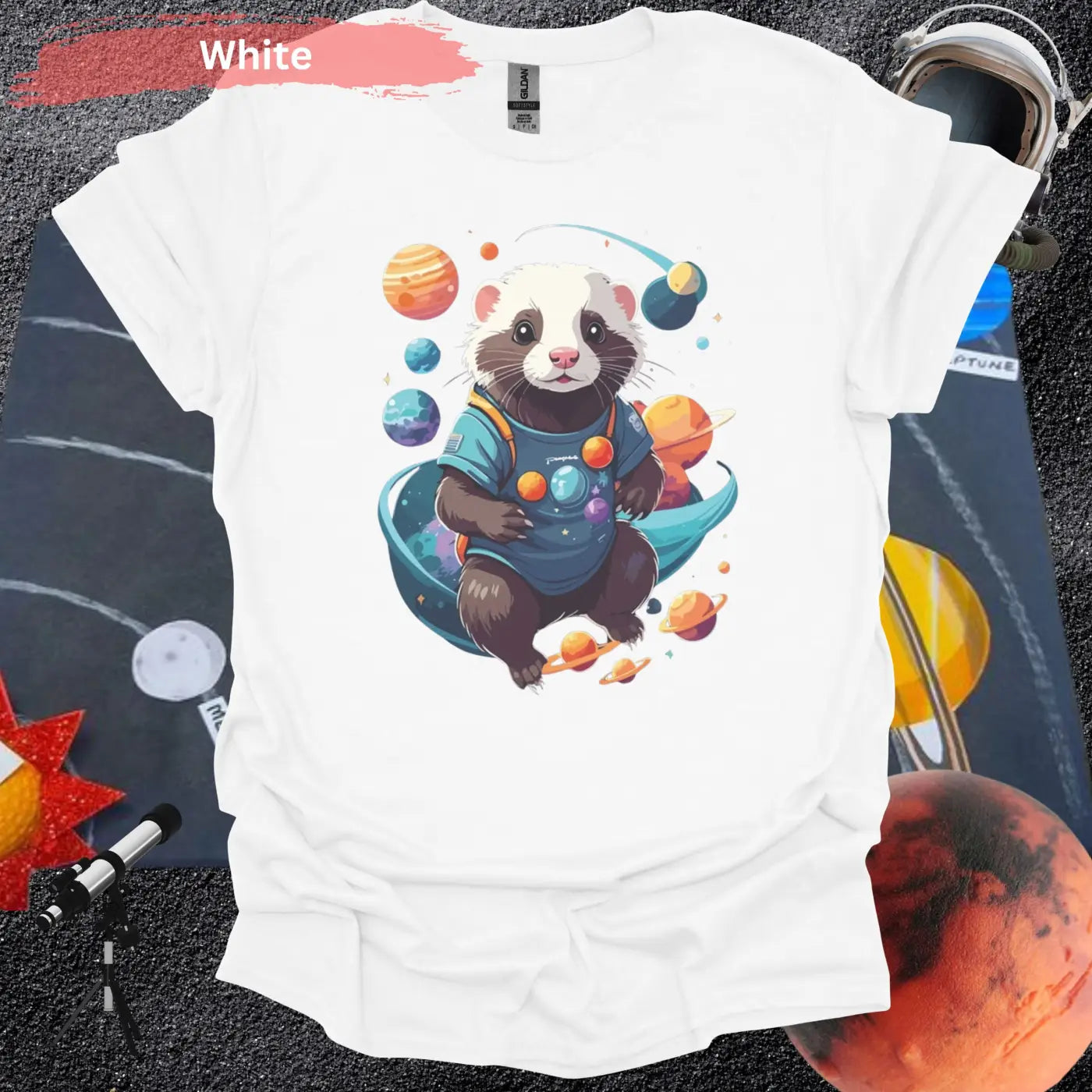 Ferret in Space Theme Graphic T-Shirt - S / White - Physical Item