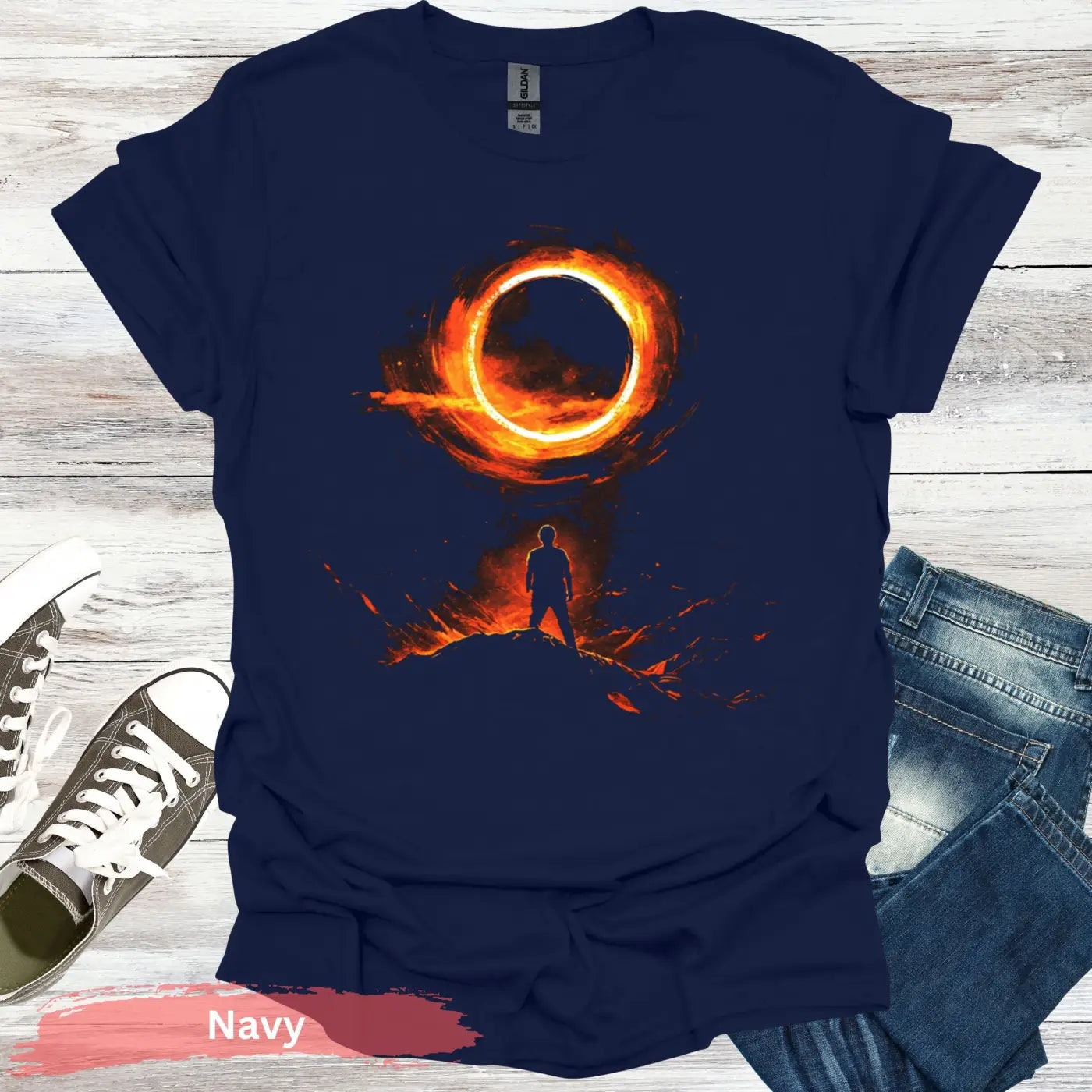 Fiery Solar Eclipse T-shirt - S / Navy - Physical Item