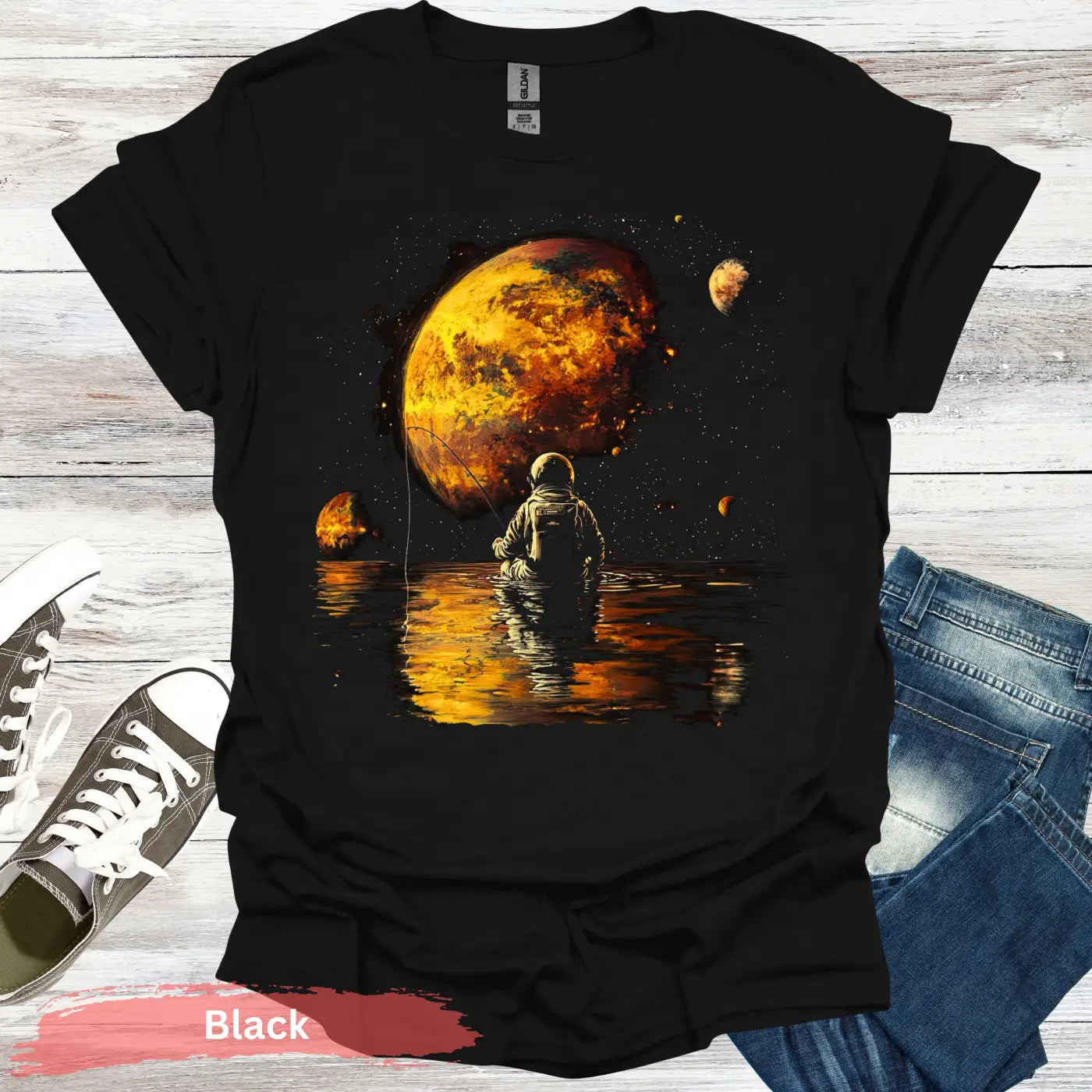 Fishing Among the Stars T-shirt - S / Black - Physical Item