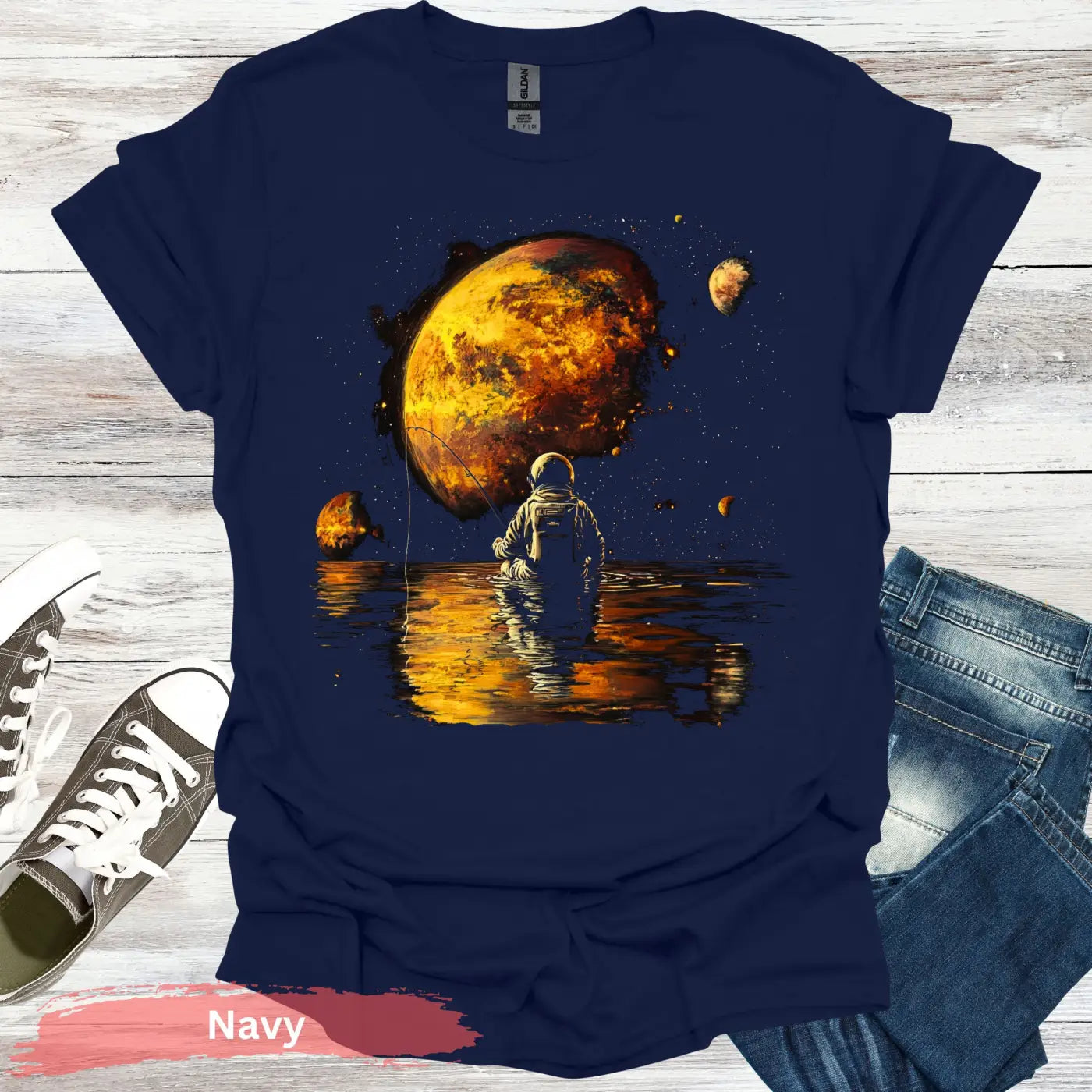 Fishing Among the Stars T-shirt - S / Navy - Physical Item