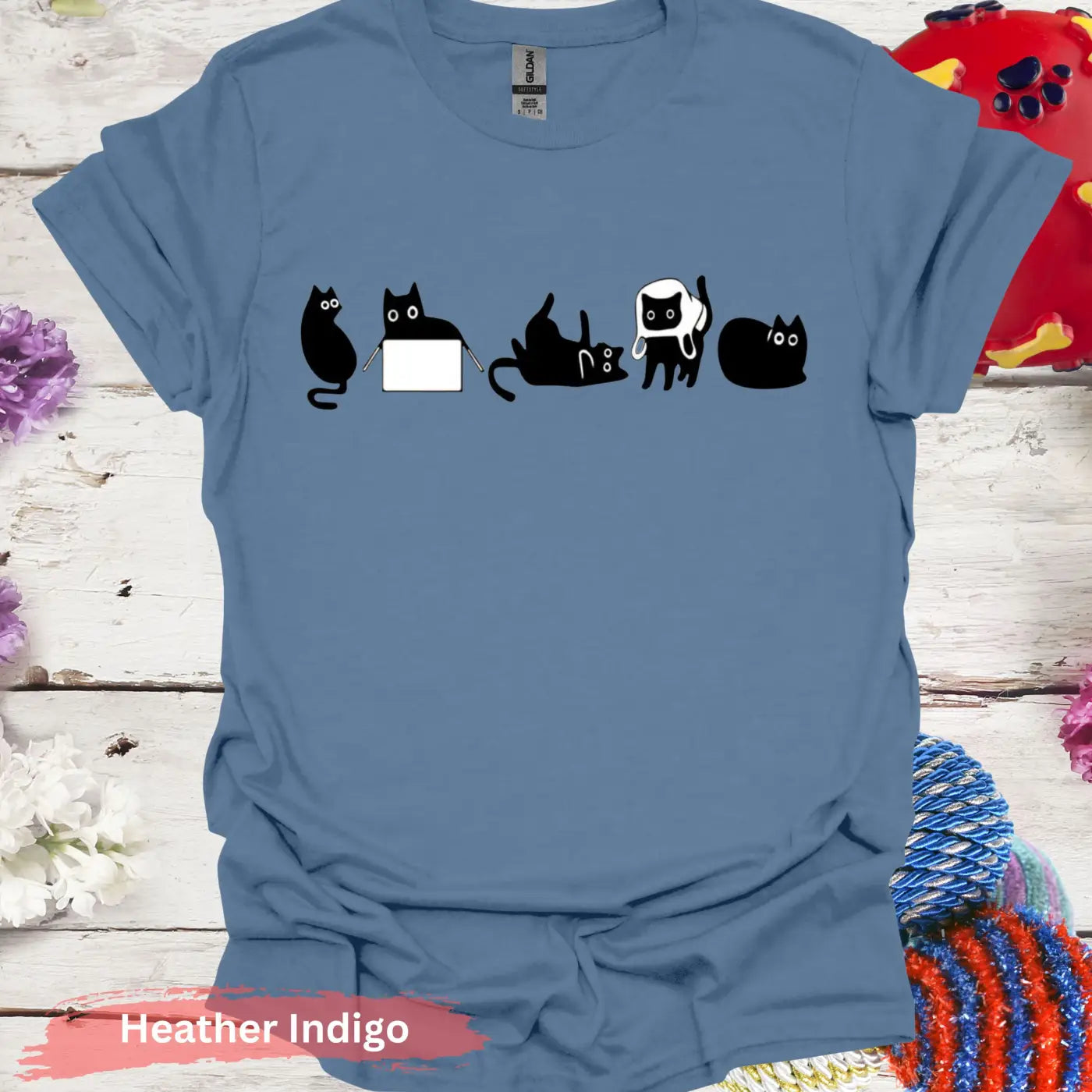 Five quirky feline moods black cat T-shirt - S / Heather Indigo - Physical Item