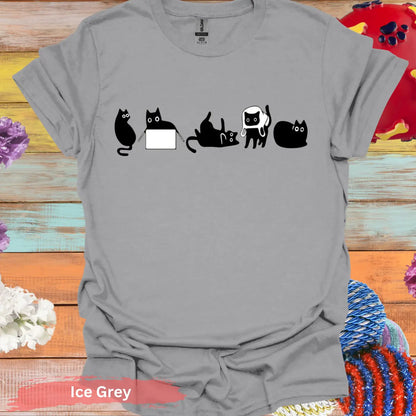 Five quirky feline moods black cat T-shirt - S / Ice Grey - Physical Item