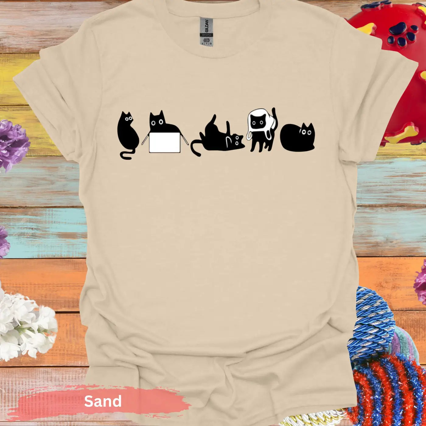 Five quirky feline moods black cat T-shirt - S / Sand - Physical Item