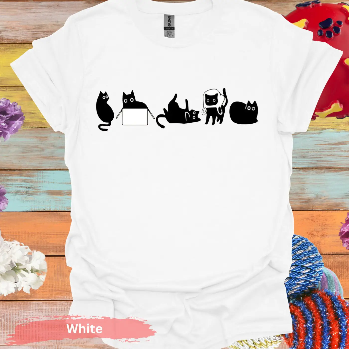 Five quirky feline moods black cat T-shirt - S / White - Physical Item