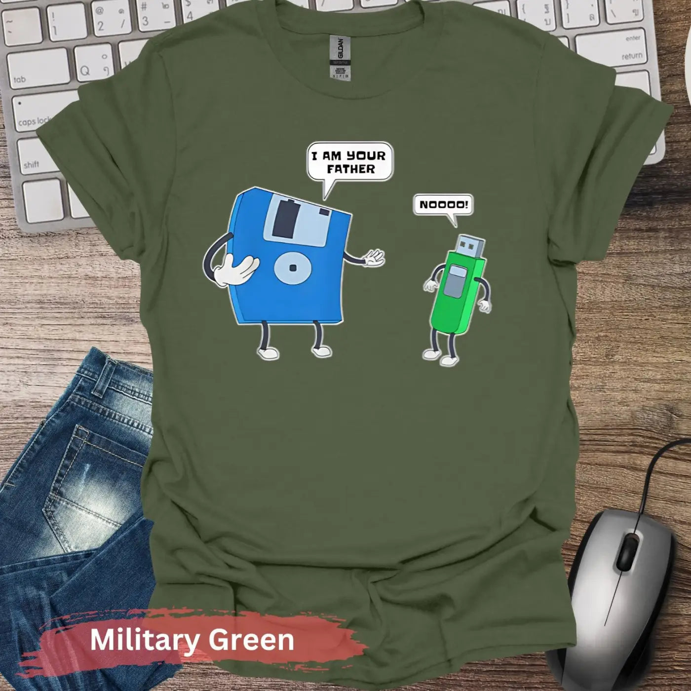 Floppy Disk USB Comic T-shirt - S / Military Green - Physical Item