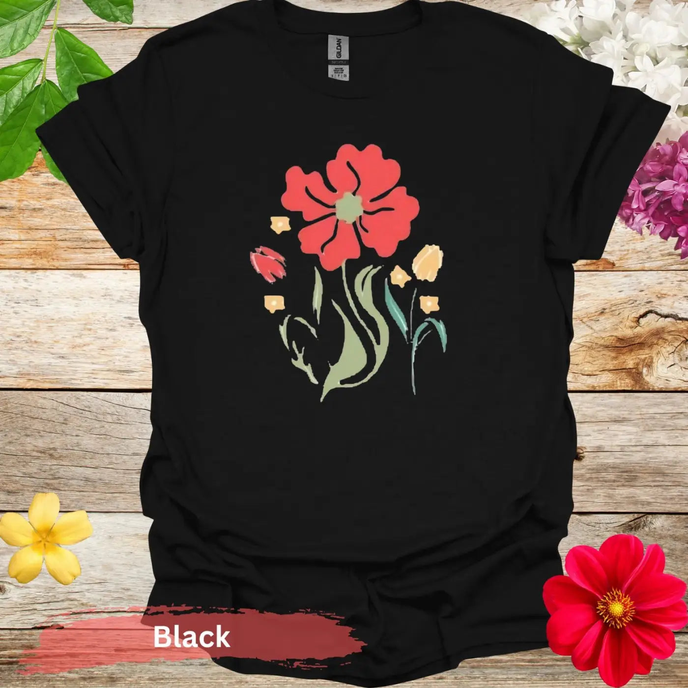 Floral Bouquet Design Graphic T-Shirt - S / Black - Physical Item