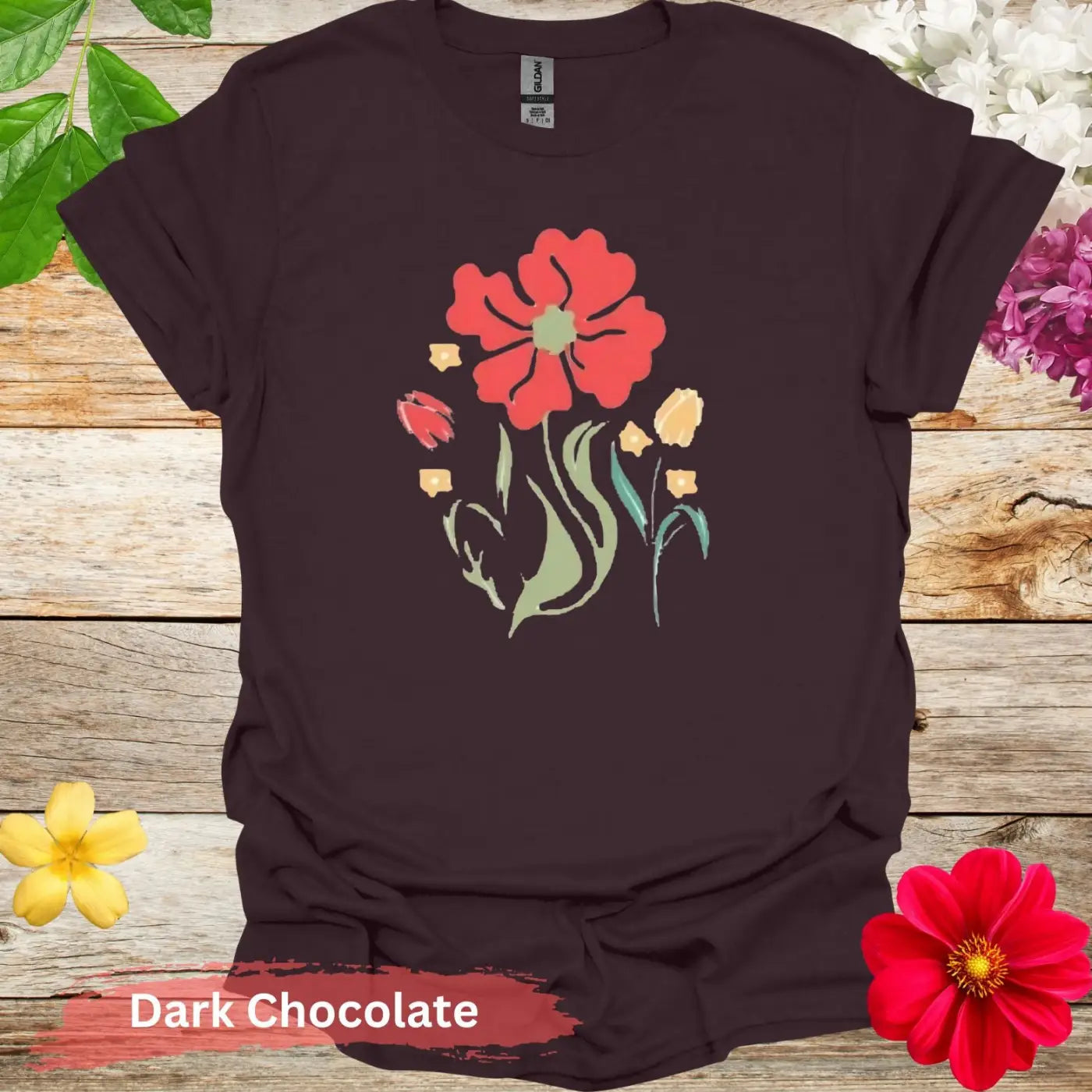 Floral Bouquet Design Graphic T-Shirt - S / Dark Chocolate - Physical Item