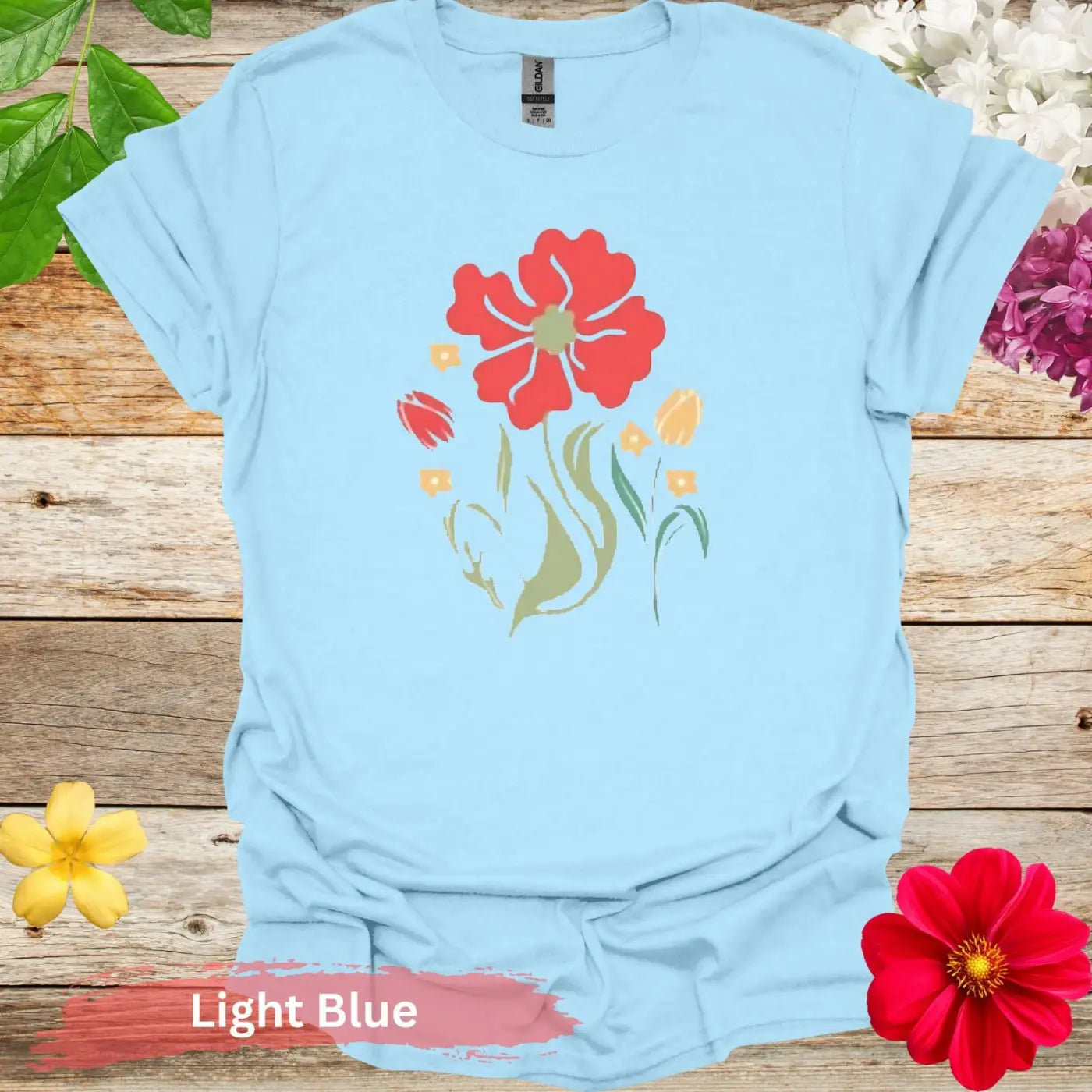 Floral Bouquet Design Graphic T-Shirt - S / Light Blue - Physical Item