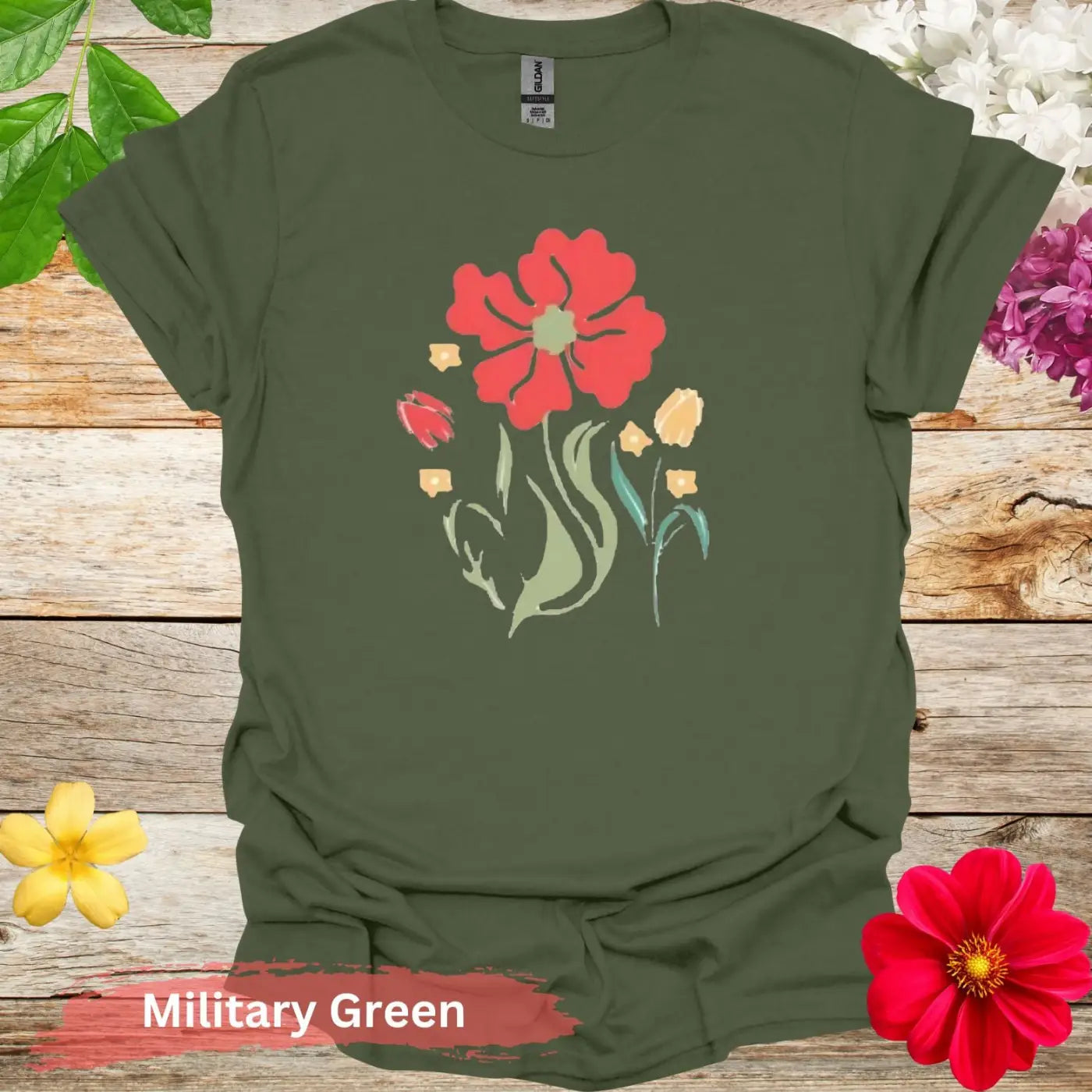 Floral Bouquet Design Graphic T-Shirt - S / Military Green - Physical Item