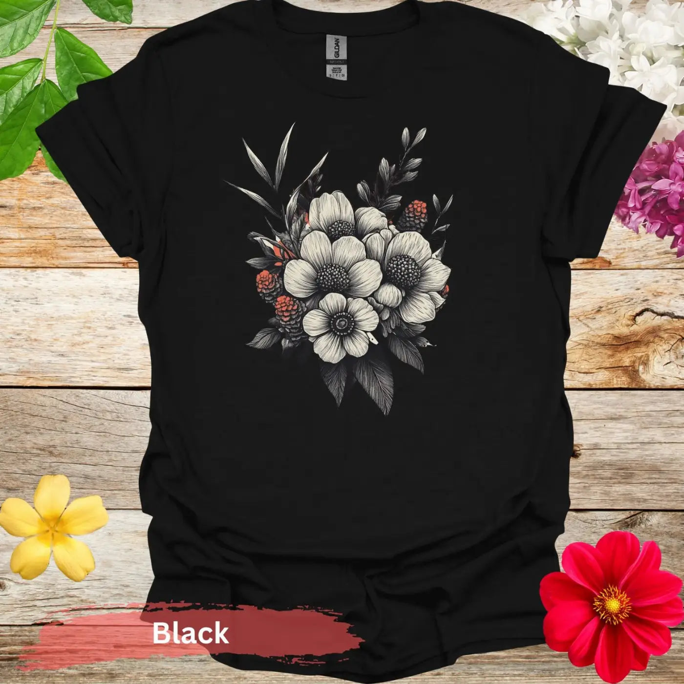 Floral Bouquet Graphic T-shirt - S / Black - Physical Item