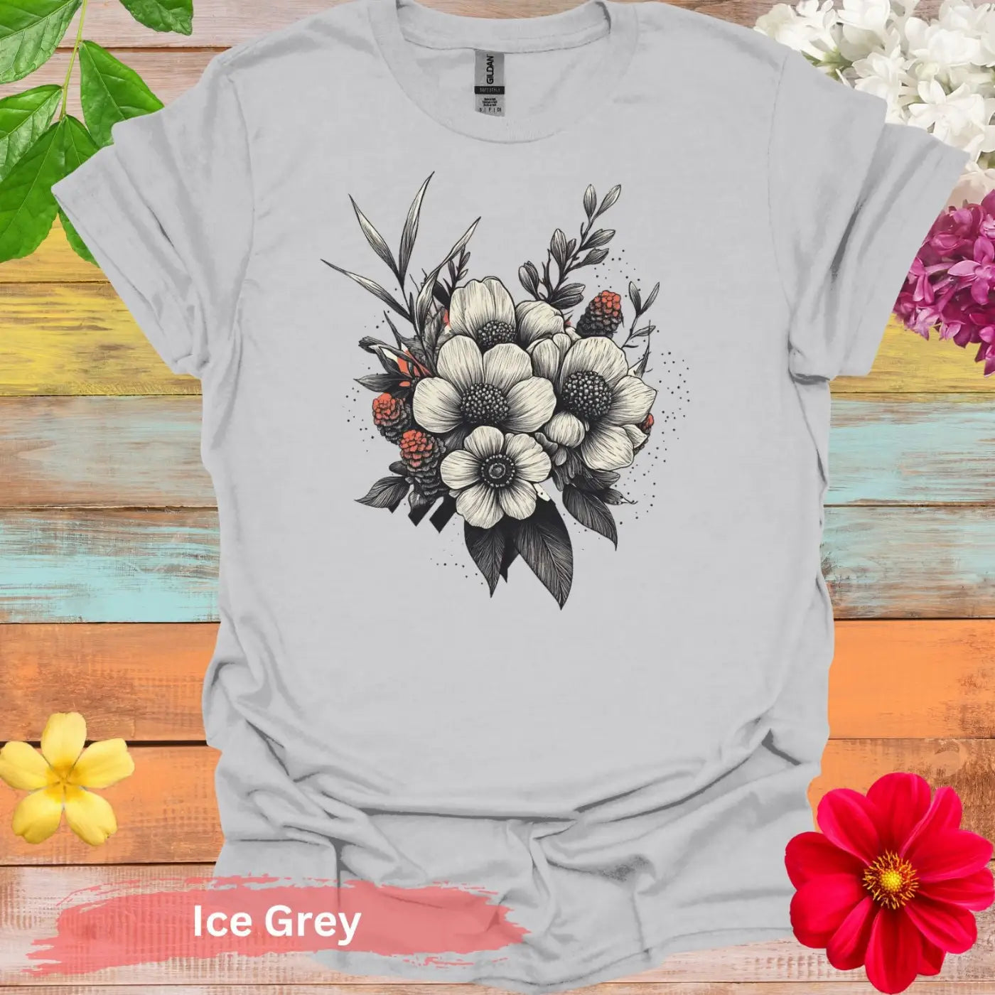 Floral Bouquet Graphic T-shirt - S / Ice Grey - Physical Item