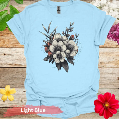 Floral Bouquet Graphic T-shirt - S / Light Blue - Physical Item