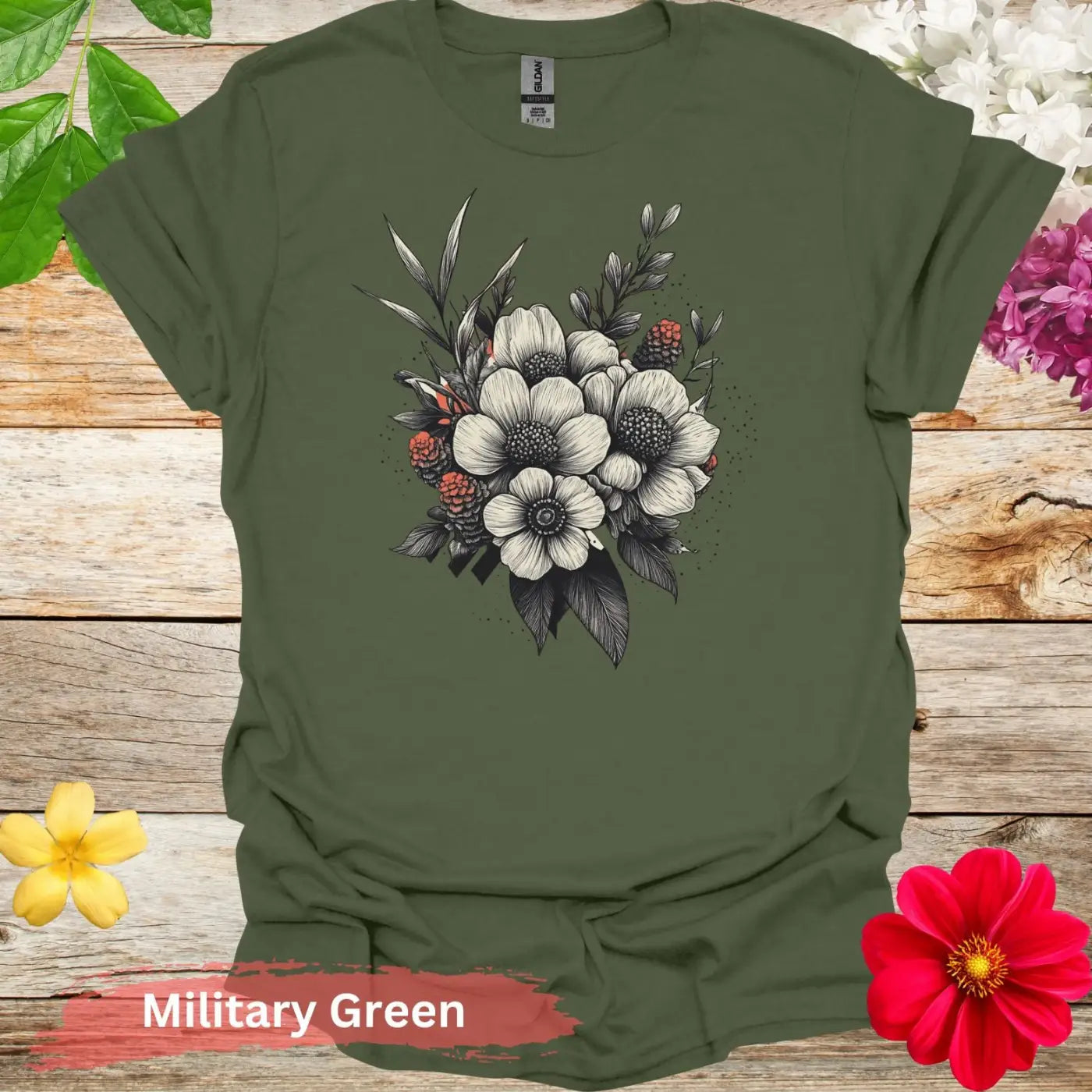 Floral Bouquet Graphic T-shirt - S / Military Green - Physical Item