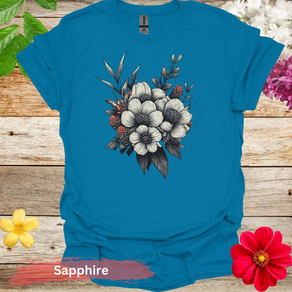 Floral Bouquet Graphic T-shirt - S / Sapphire - Physical Item