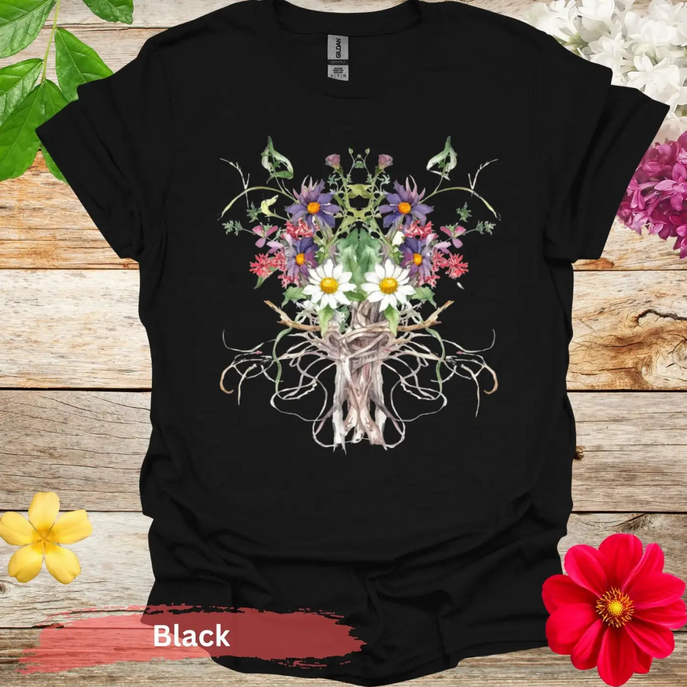 Floral Bouquet Tree Roots T-shirt - S / Black - Physical Item