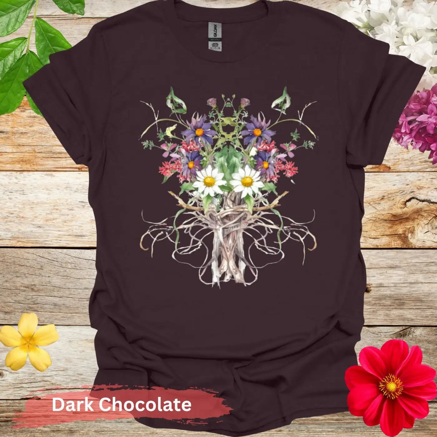 Floral Bouquet Tree Roots T-shirt - S / Dark Chocolate - Physical Item