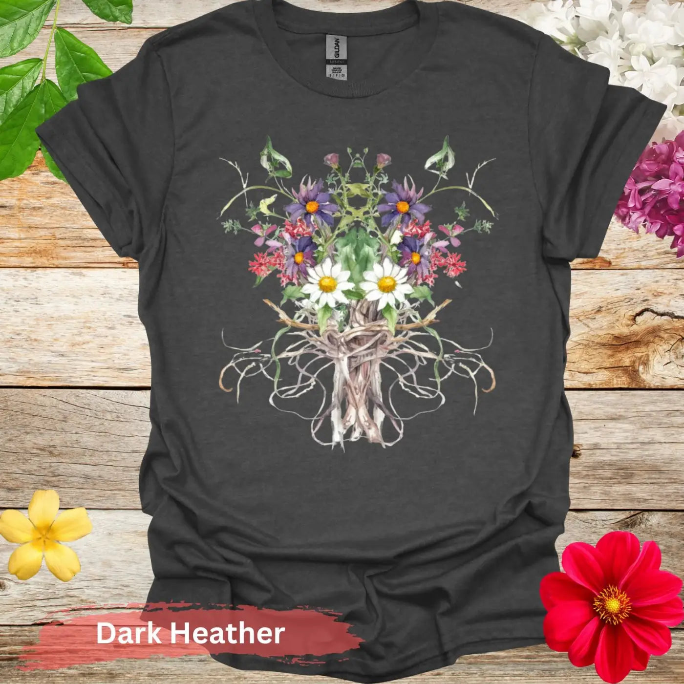 Floral Bouquet Tree Roots T-shirt - S / Dark Heather - Physical Item