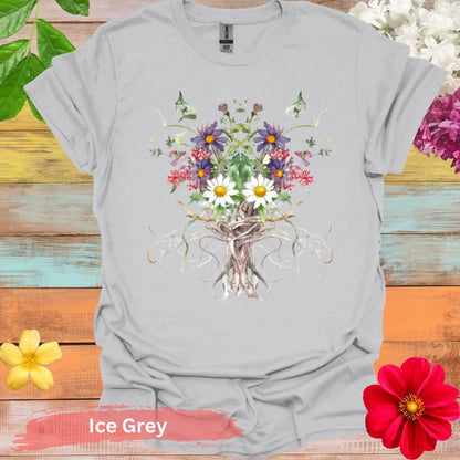 Floral Bouquet Tree Roots T-shirt - S / Ice Grey - Physical Item