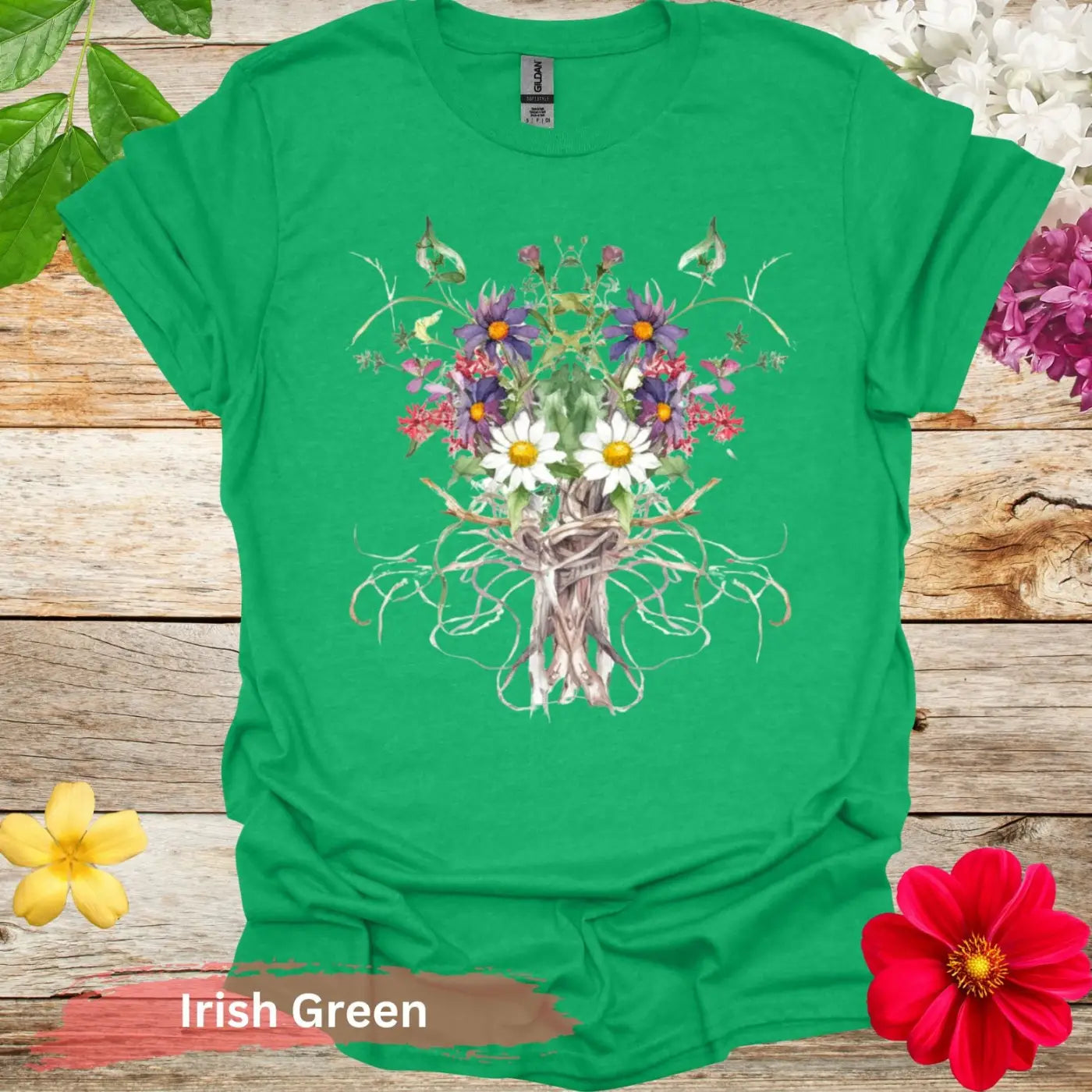 Floral Bouquet Tree Roots T-shirt - S / Irish Green - Physical Item