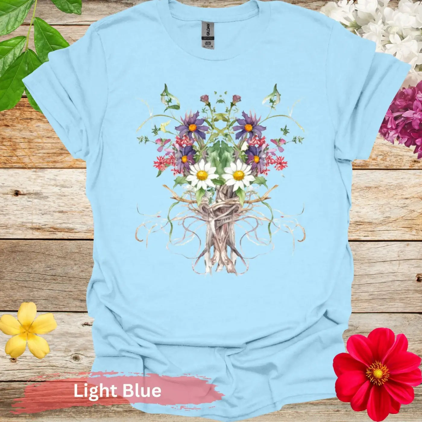 Floral Bouquet Tree Roots T-shirt - S / Light Blue - Physical Item