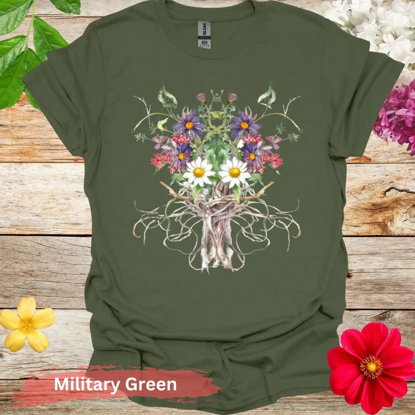 Floral Bouquet Tree Roots T-shirt - S / Military Green - Physical Item