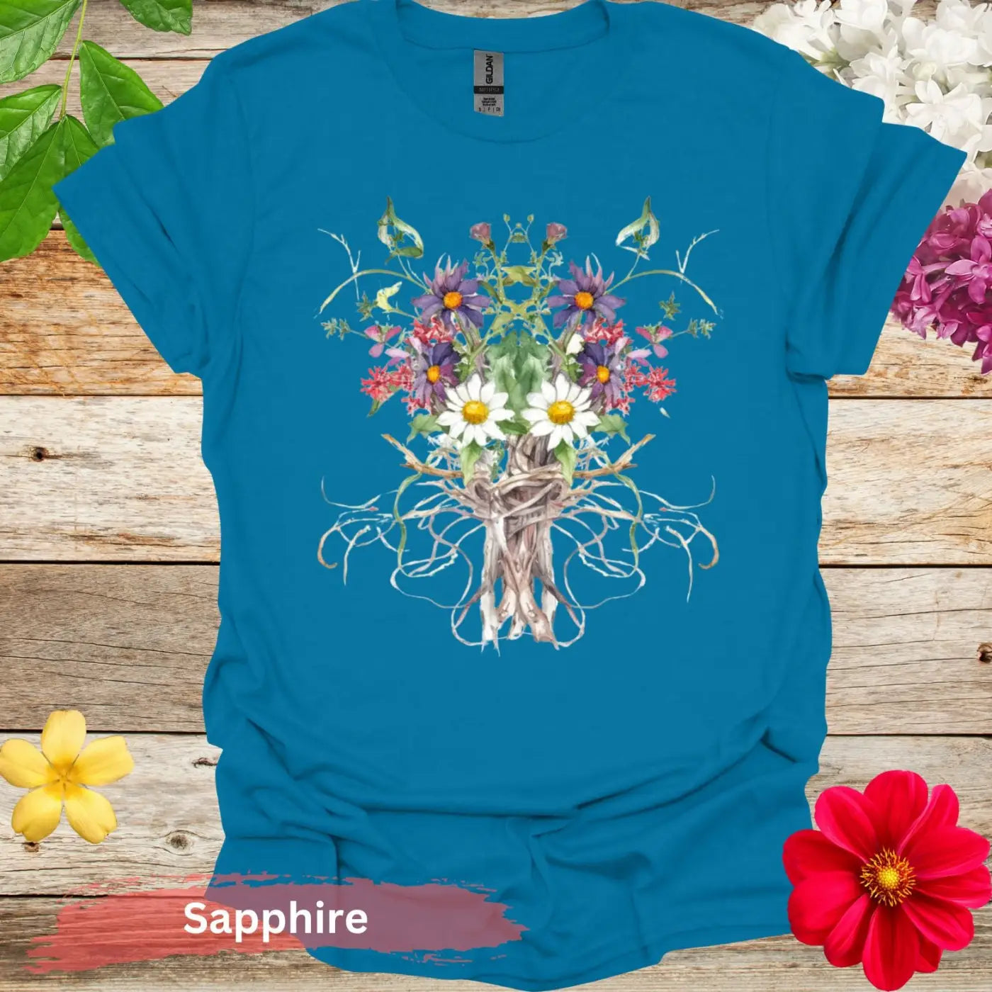 Floral Bouquet Tree Roots T-shirt - S / Sapphire - Physical Item