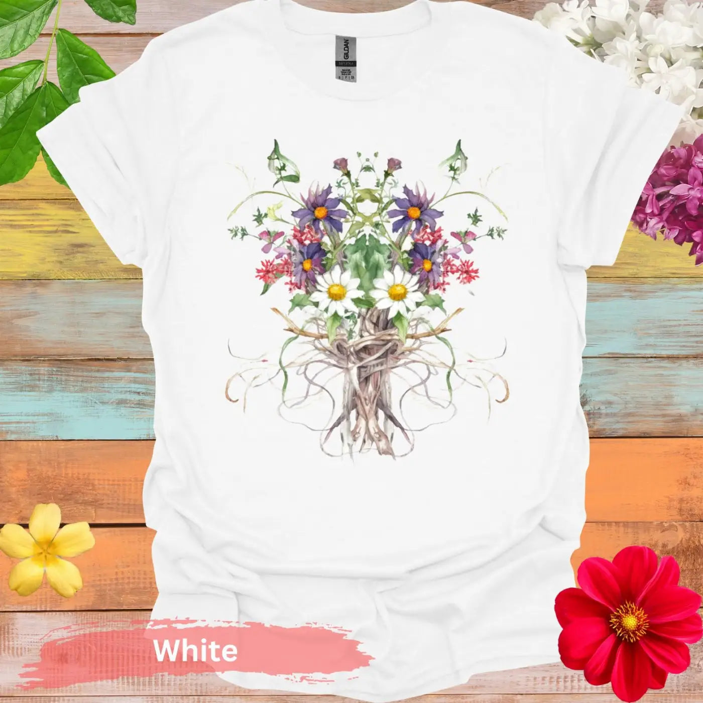 Floral Bouquet Tree Roots T-shirt - S / White - Physical Item