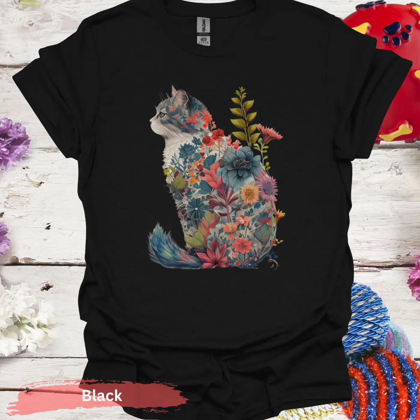 Floral Cat T-Shirt - S / Black - Physical Item