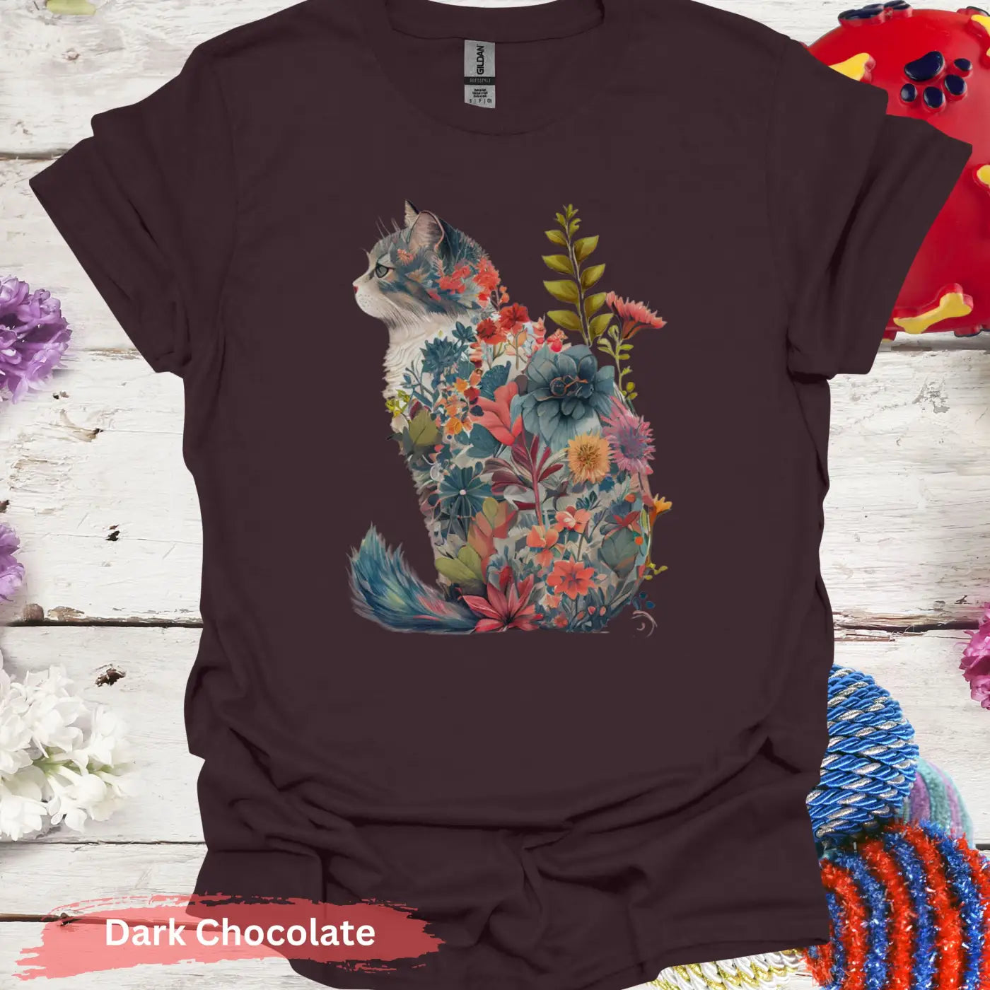 Floral Cat T-Shirt - S / Dark Chocolate - Physical Item