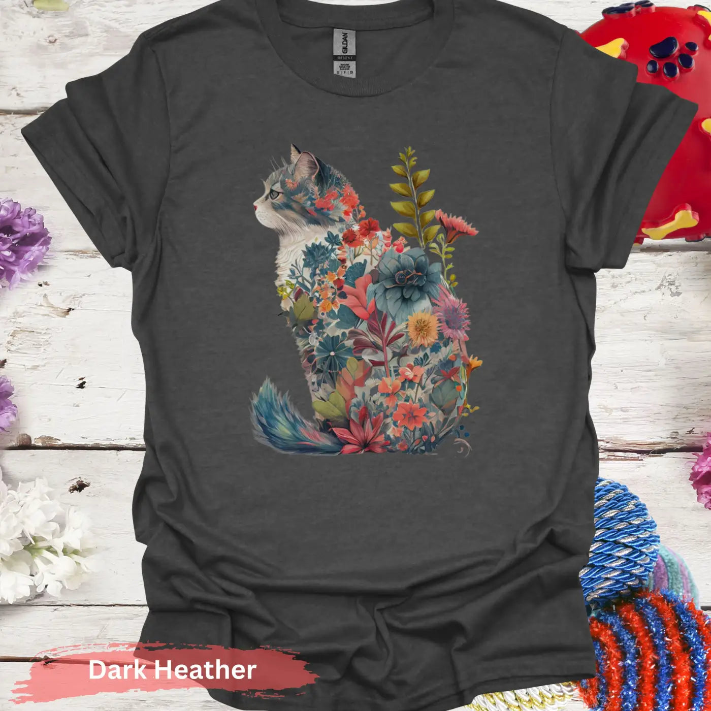 Floral Cat T-Shirt - S / Dark Heather - Physical Item